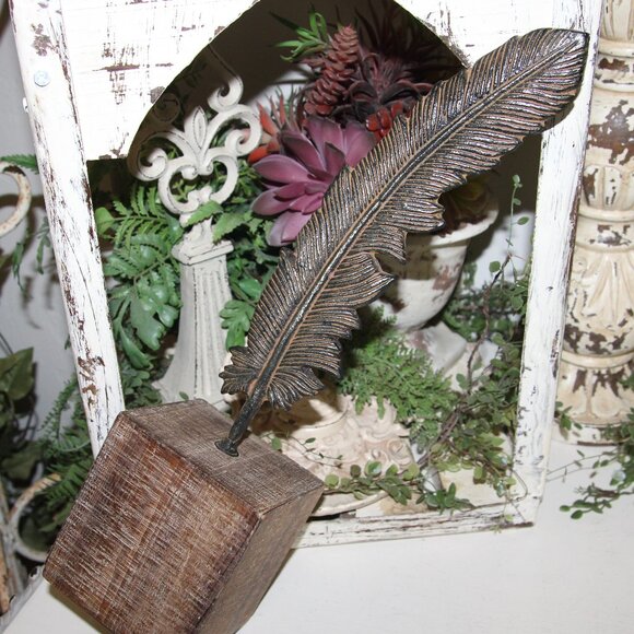 NEW Rustic French Country Western Farmhouse Iron & Wood Feather Decor Finial - Picture 1 of 7